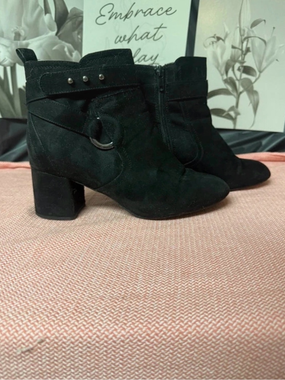 Black Suede Block Heel Ankle Boots - Women